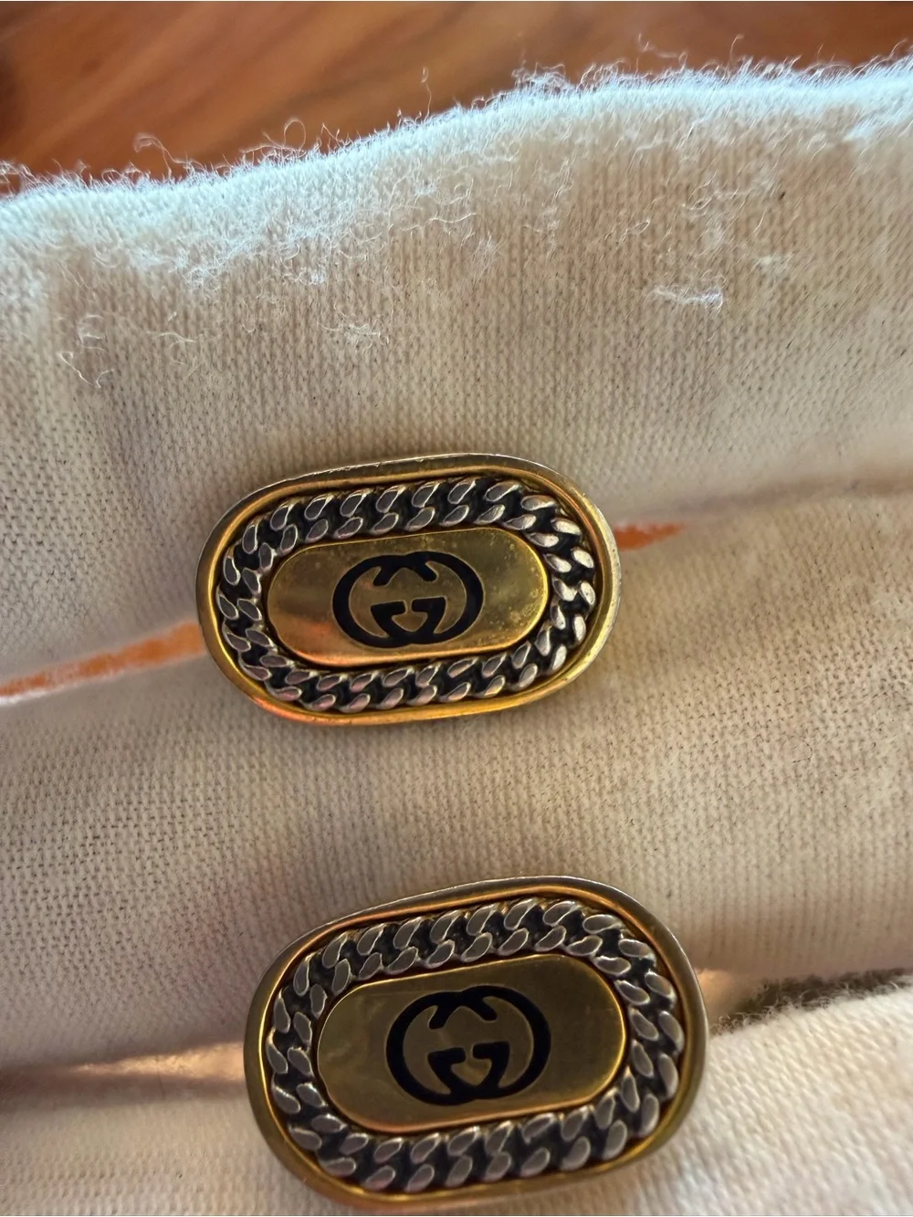 Vintage Gucci Gold and Black Interlocking Double G Oval Cufflinks w tie pin